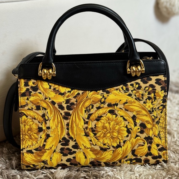 *RARE VINTAGE GIANNI VERSACE* 2-Way Canvas & Leather Baroque Gold LUXURY Handbag - Picture 2 of 16